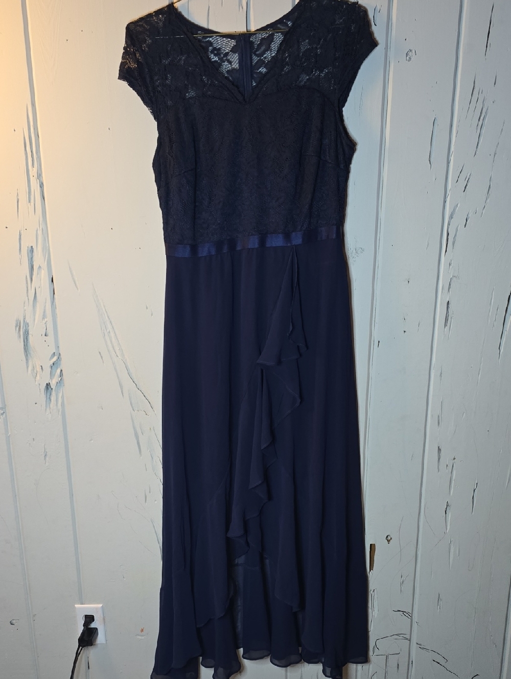Navy Lace & Chiffon Ruffle Evening Dress
